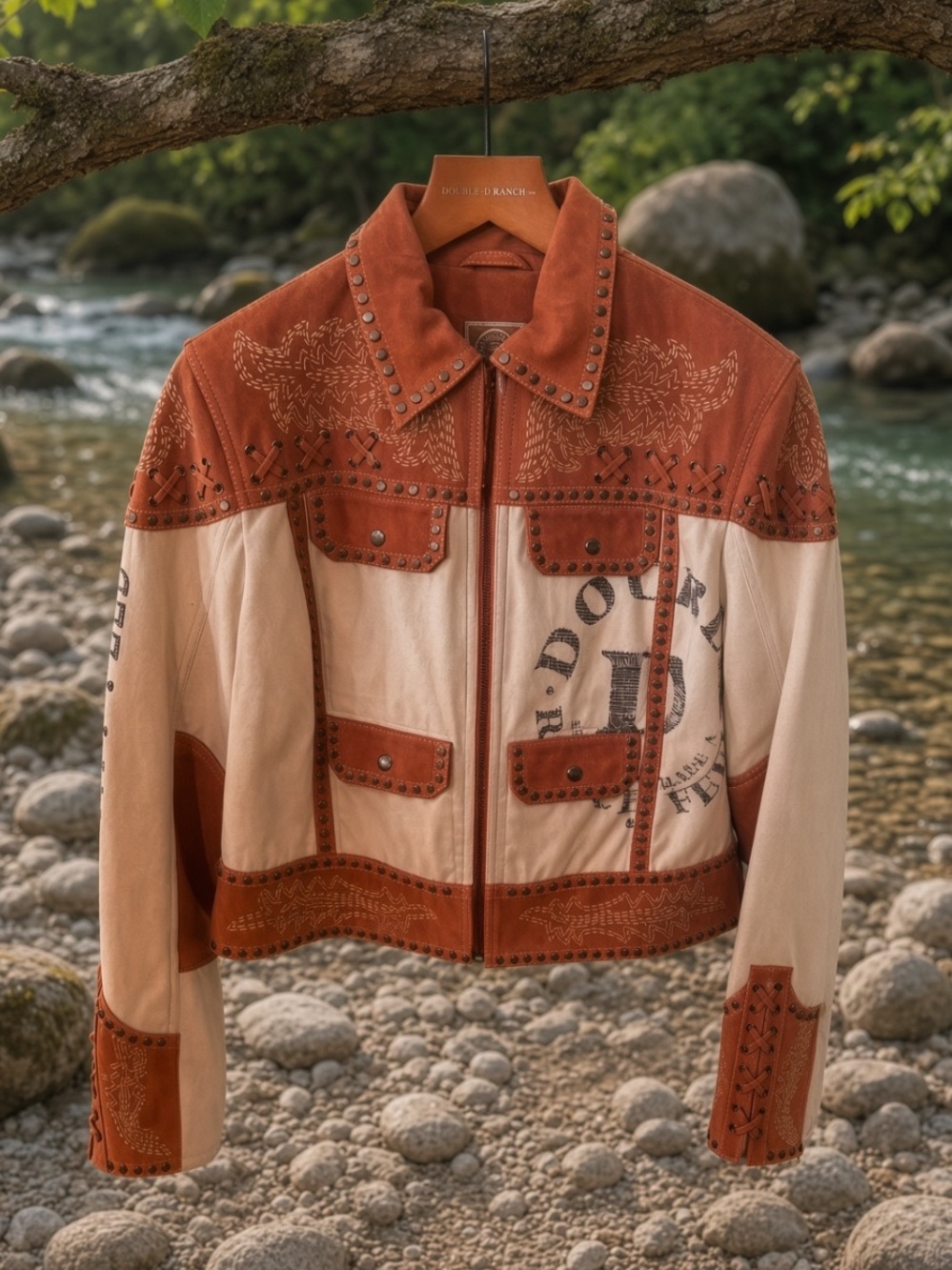 Double D Ranchwear Rollin Rawhide motorcycle Leather Jacket studs lacing cowboy - Picture 9 of 13